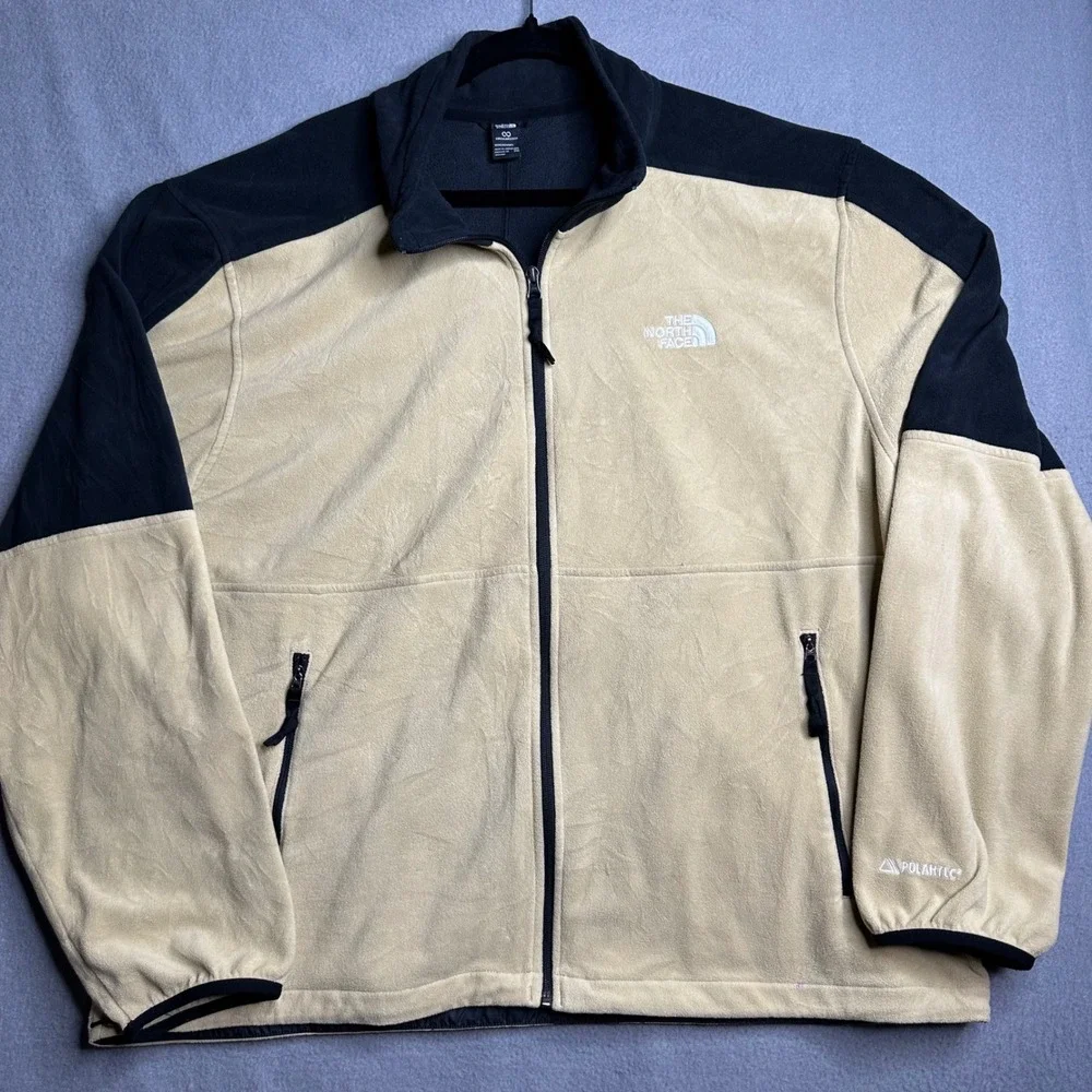 The North Face Polartec Fleece Jacket XXL Tan Black‎ Full Zip Circular Design